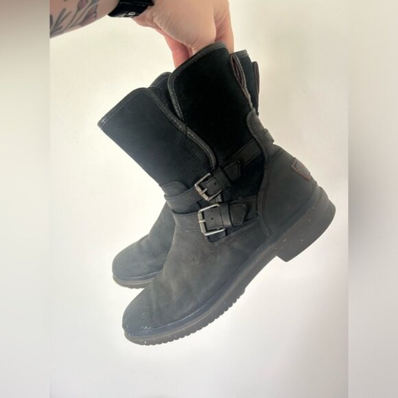 UGG Simmens Waterproof Leather Boots Black Buckle Belted Biker Moto - Picture 6 of 10